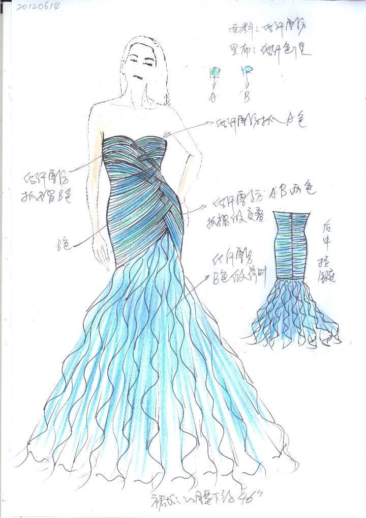 荷叶短裙手绘效果图 婚纱礼服设计中的灵动之笔